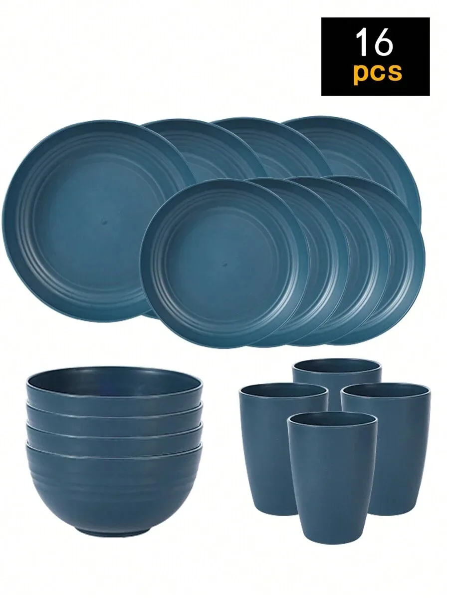 Juego De Cubiertos De Plástico De 16 Piezas (azul Oscuro), Que Incluye Platos, Cuencos Y Vasos.