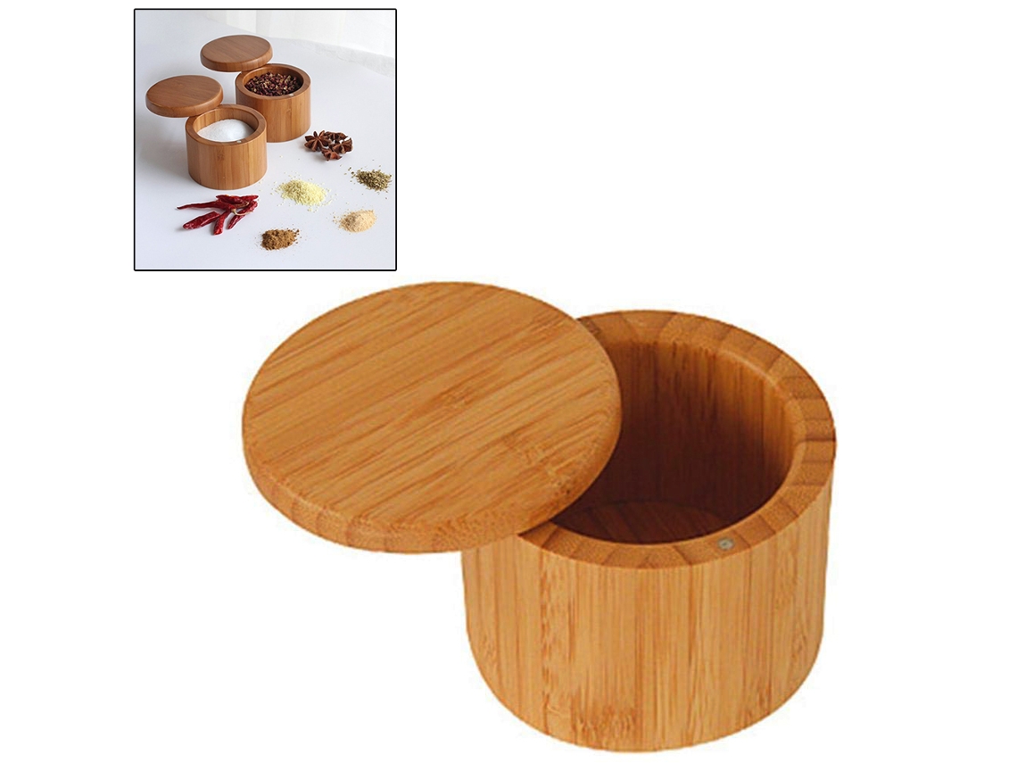 Caja de especias de bambú con tapa magnética, ideal para sal, pimienta, hierbas y barbacoa.