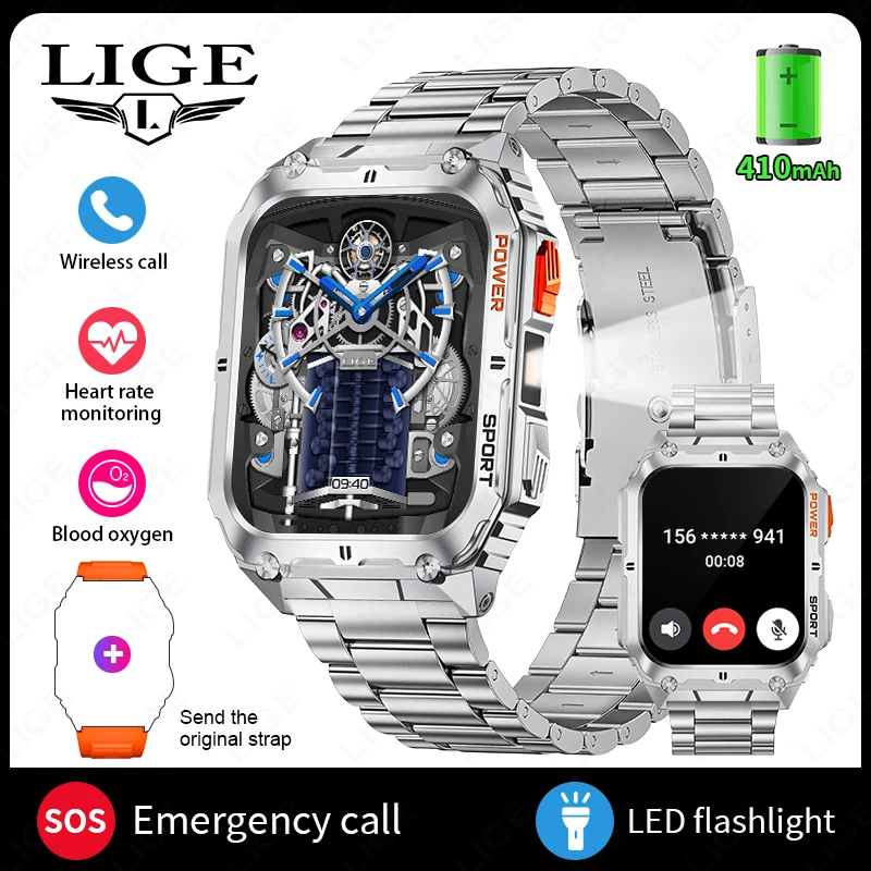 (plata, Correa De Acero) 1.91 ''reloj Inteligente Con Pantalla Hd Con Linterna Led, Ip68 Resistente Al Agua, Monitoreo De Salud