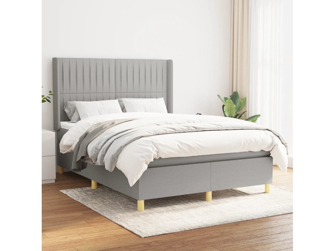 Cama Box Spring Con Colchón Tela Gris Claro 140x190 Cm