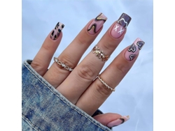 Uñas Postizas De Longitud Media Con Adhesivo, Diseño De Corazón A Rayas En Acrílico, 24 Unidades.