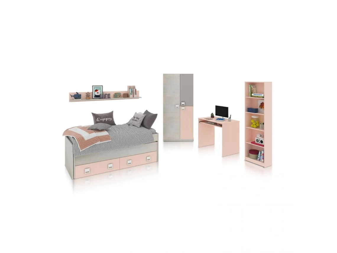 Dormitorio juvenil Kenia Max Blanco Alpes - Rosa y Gris 200 x 69 x 96 cm