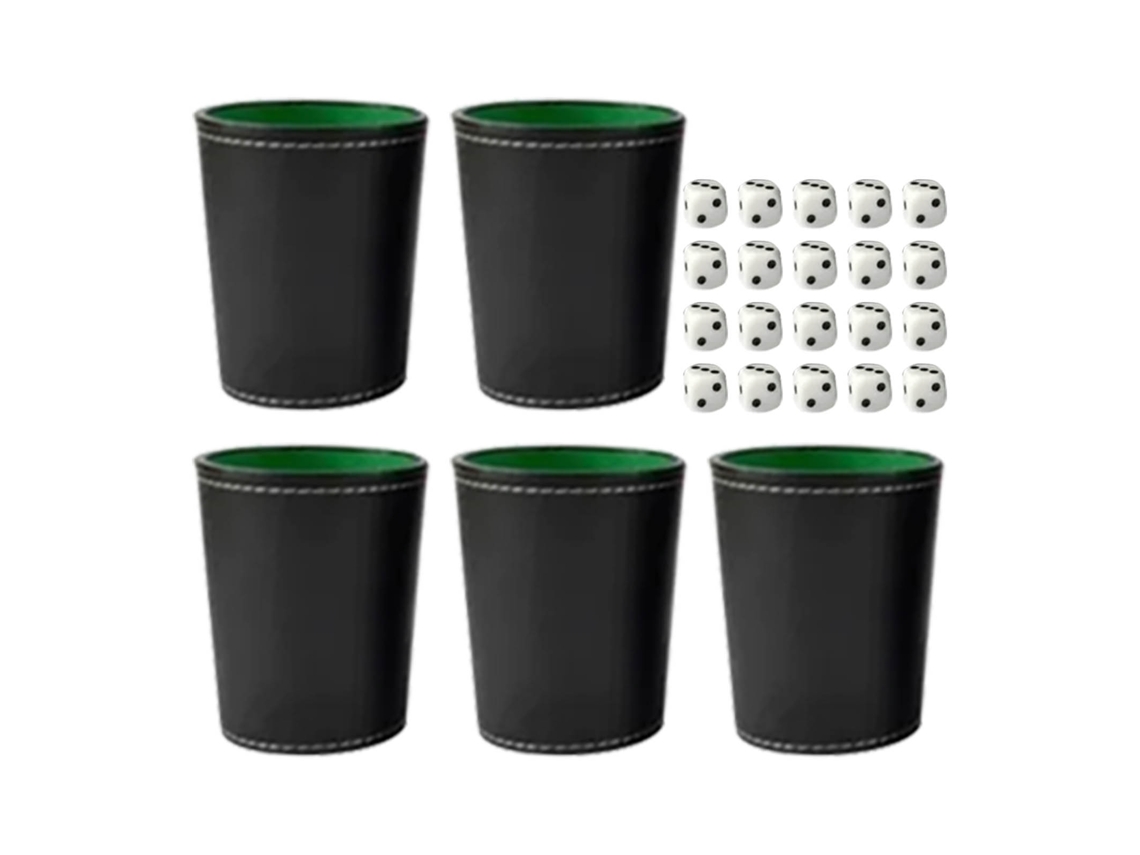 Juego De 5 Cubiletes De Cuero Sintético Con 20 Dados Punteados Para Uso En Bares Y En El Hogar.
