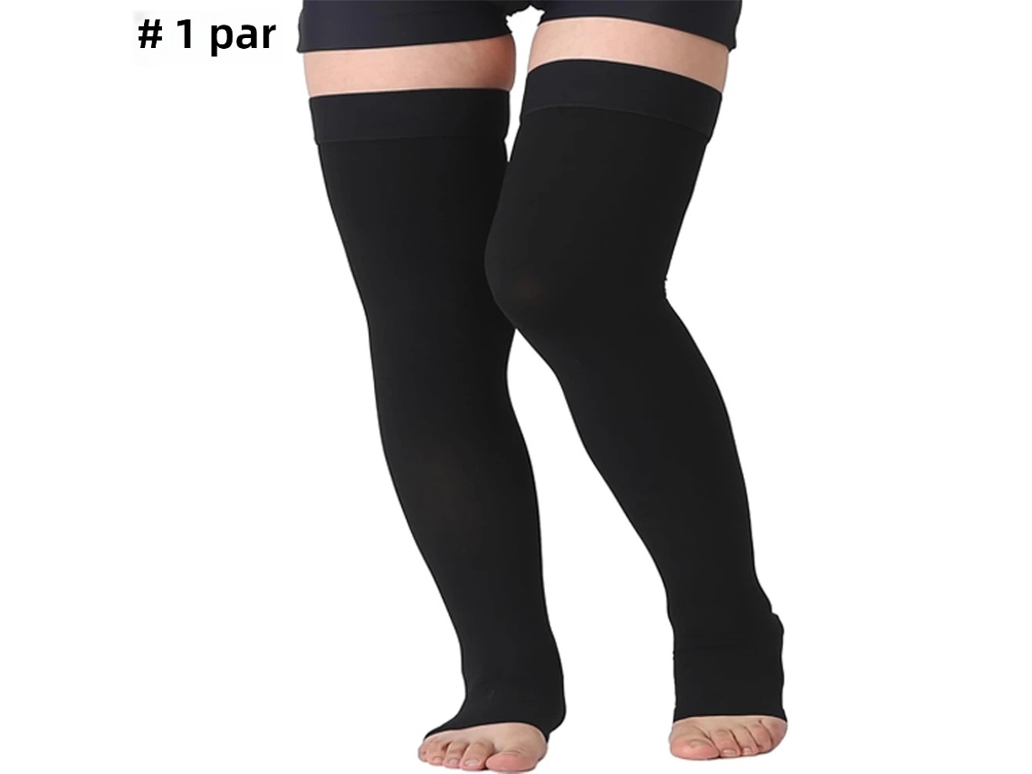 Medias de compresión hasta el muslo, con puntera abierta, 20-30 mmHg Mdug (negro XXL)