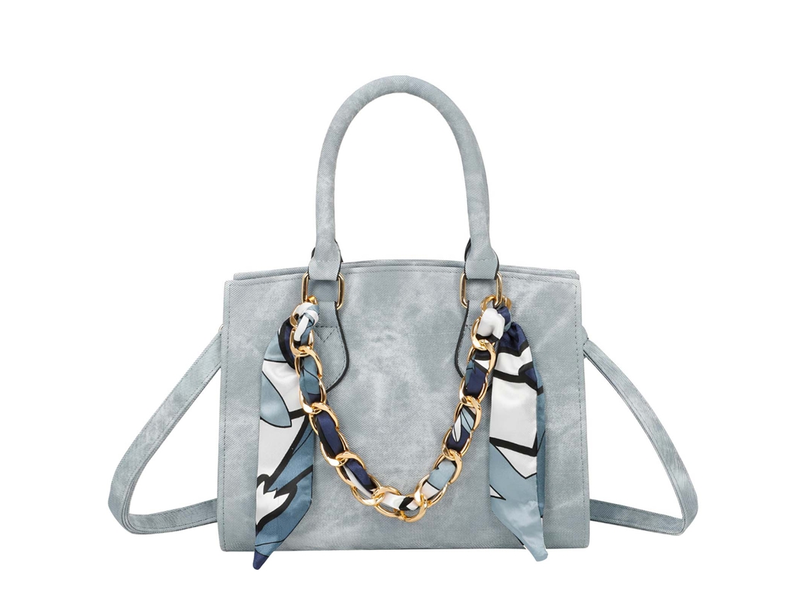 Bolso de mano de mujer con efecto denim tie-dye, correa decorativa y pañuelo azul claro, GALLANTRY