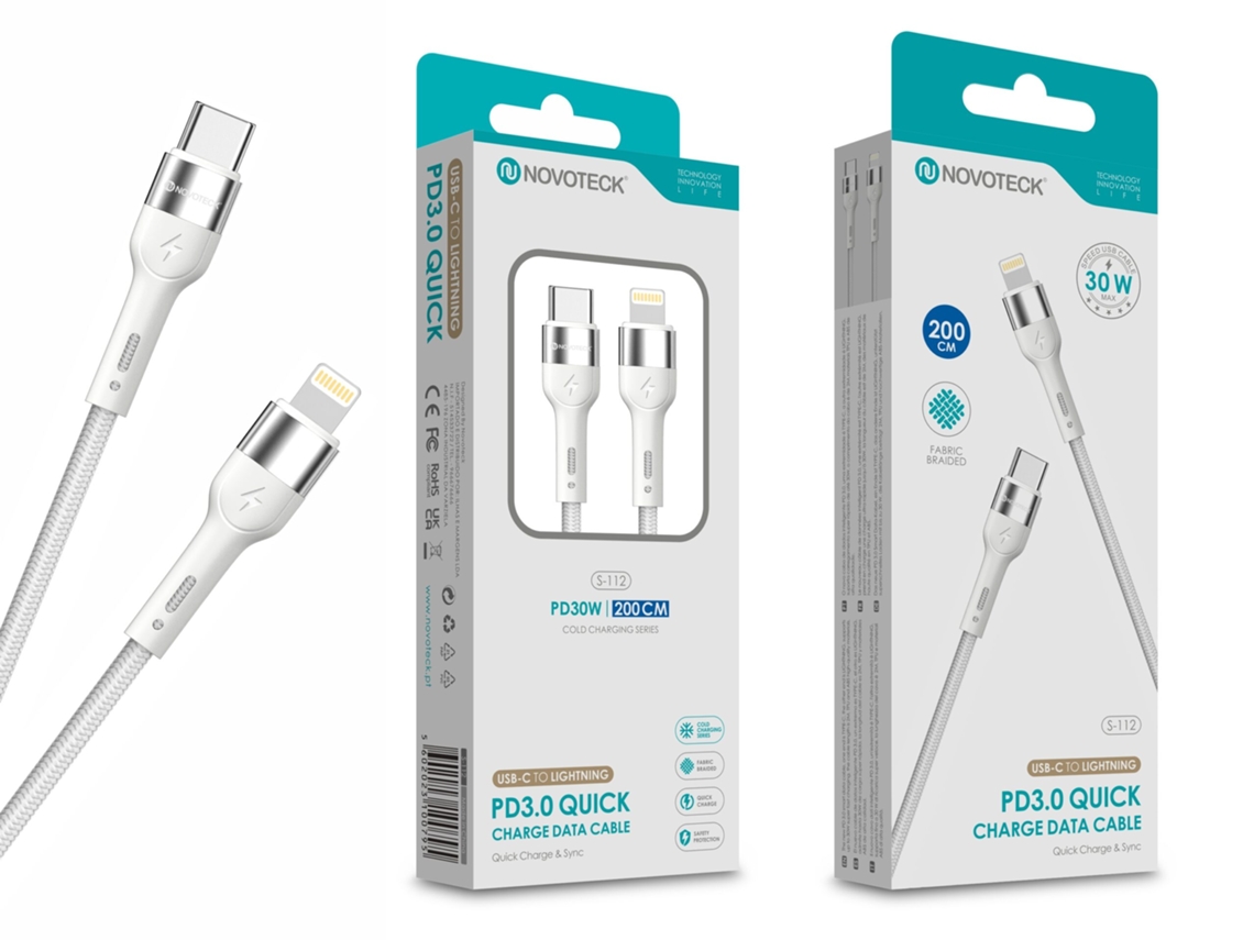 Cable de datos trenzado de nailon de 3,1 A, carga rápida, blanco, USB C a Lightning, 2 m