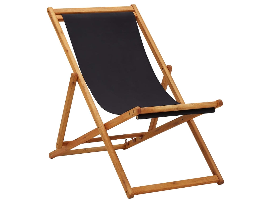 Silla de playa plegable de madera de eucalipto y tela negra, Dkd Home Decor