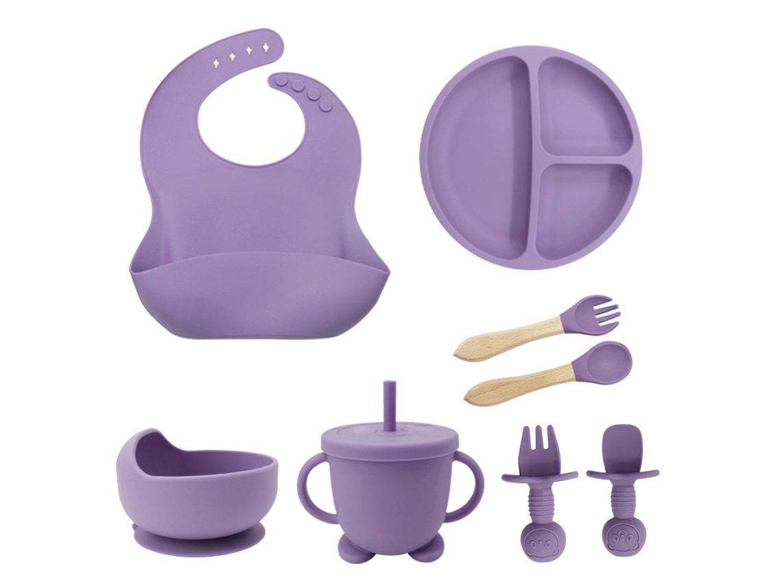 Conjunto 8 Pratos Silicone – Babetes, Compartimentos Ventosas, Copo, Talheres (1)