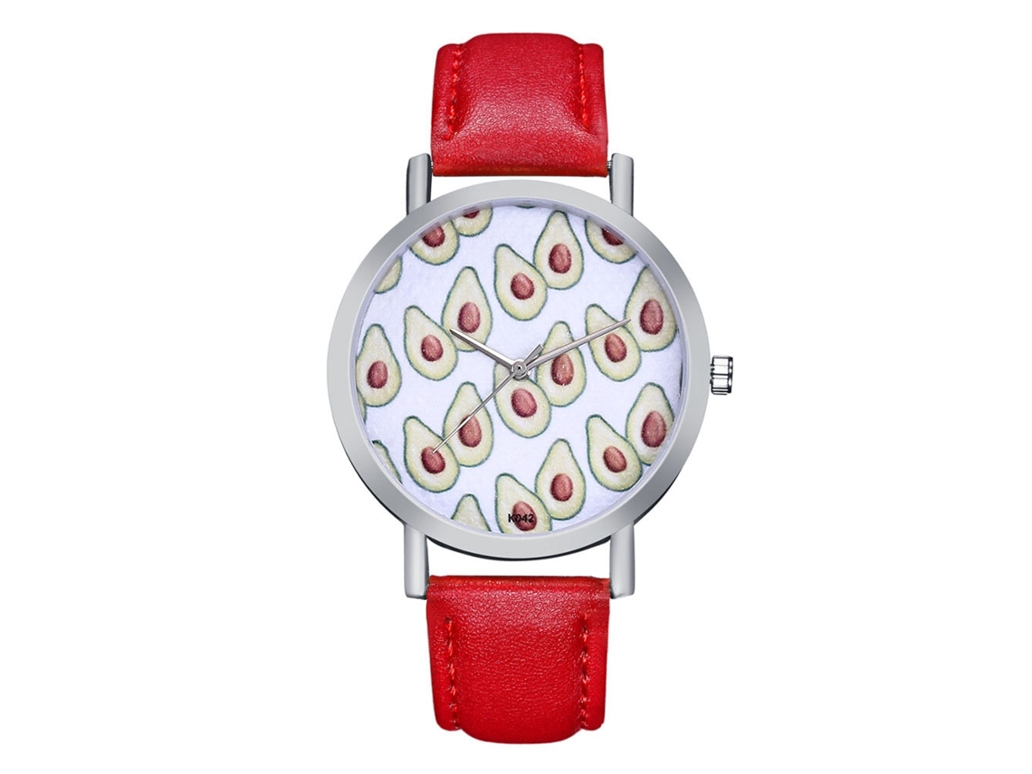Reloj De Cuarzo Para Mujer Con Correa De Piel Sintética, Caja Plateada Y Esfera Roja Con Diseño De Frutas.