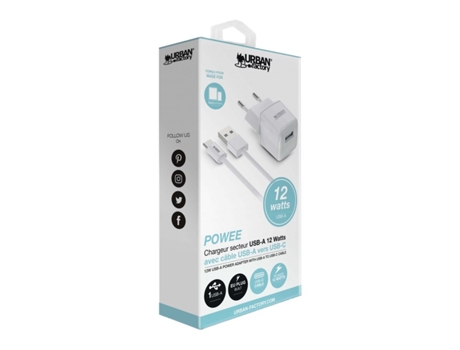 Adaptador de Corriente Usb-A 24A/12W com Cable Usb-A para Usb-C Urban Factory Power URBAN FACTORY