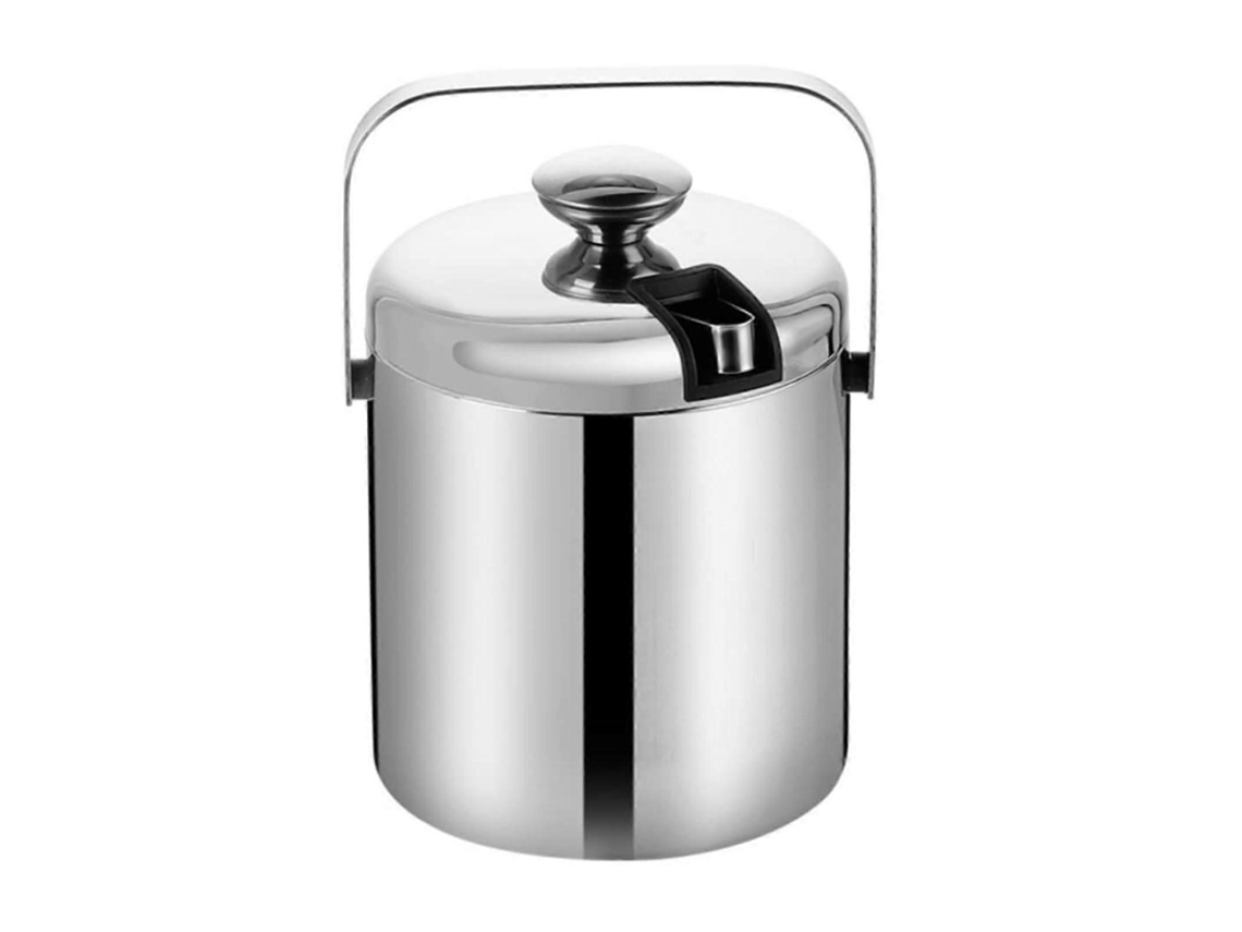 Cubitera de acero inoxidable con doble pared aislante, capacidad de 3000 ml, tapa y pinzas para enfriar champán y vino.