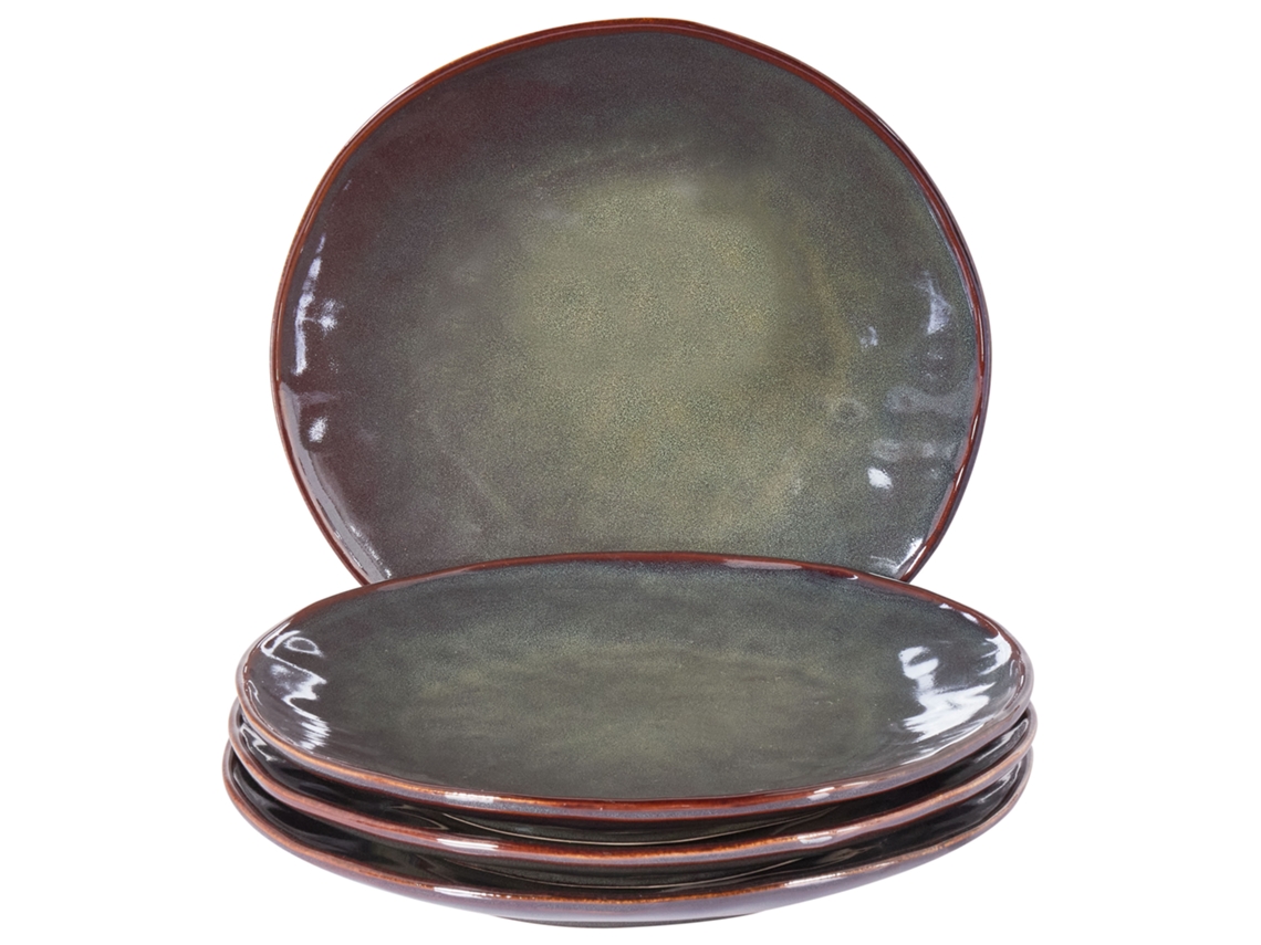 Juego de 4 platos llanos Thyme de cerámica verde oscuro