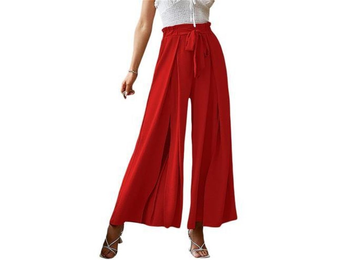 2026-pantalones De Mujer De Alto Talle Con Volante Y Abertura Elegantes Y Fluyentes Para Lounge Xxl Rojo