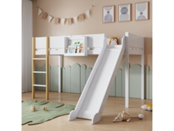 Litera con escalera recta de tres peldaños, cama juvenil con tobogán y estante extraíble, pino + MDF, 90x200cm