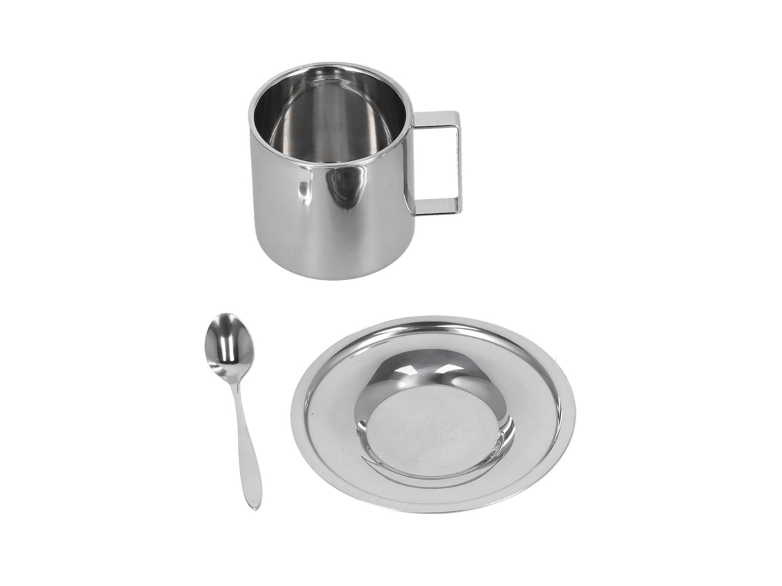 Juego de 3 tazas de café térmicas de acero inoxidable de doble pared con platillo y cuchara de 280 ml, color como se muestra en la imagen.
