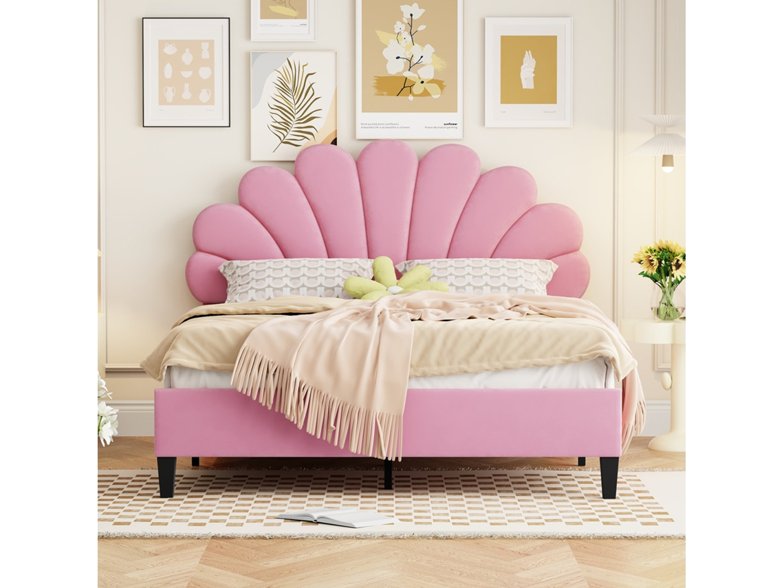 Cama Doble Tapizada En Terciopelo - 140x200 Cm - Cabecero En Forma De Flor - Con Somier De Láminas - Rosa
