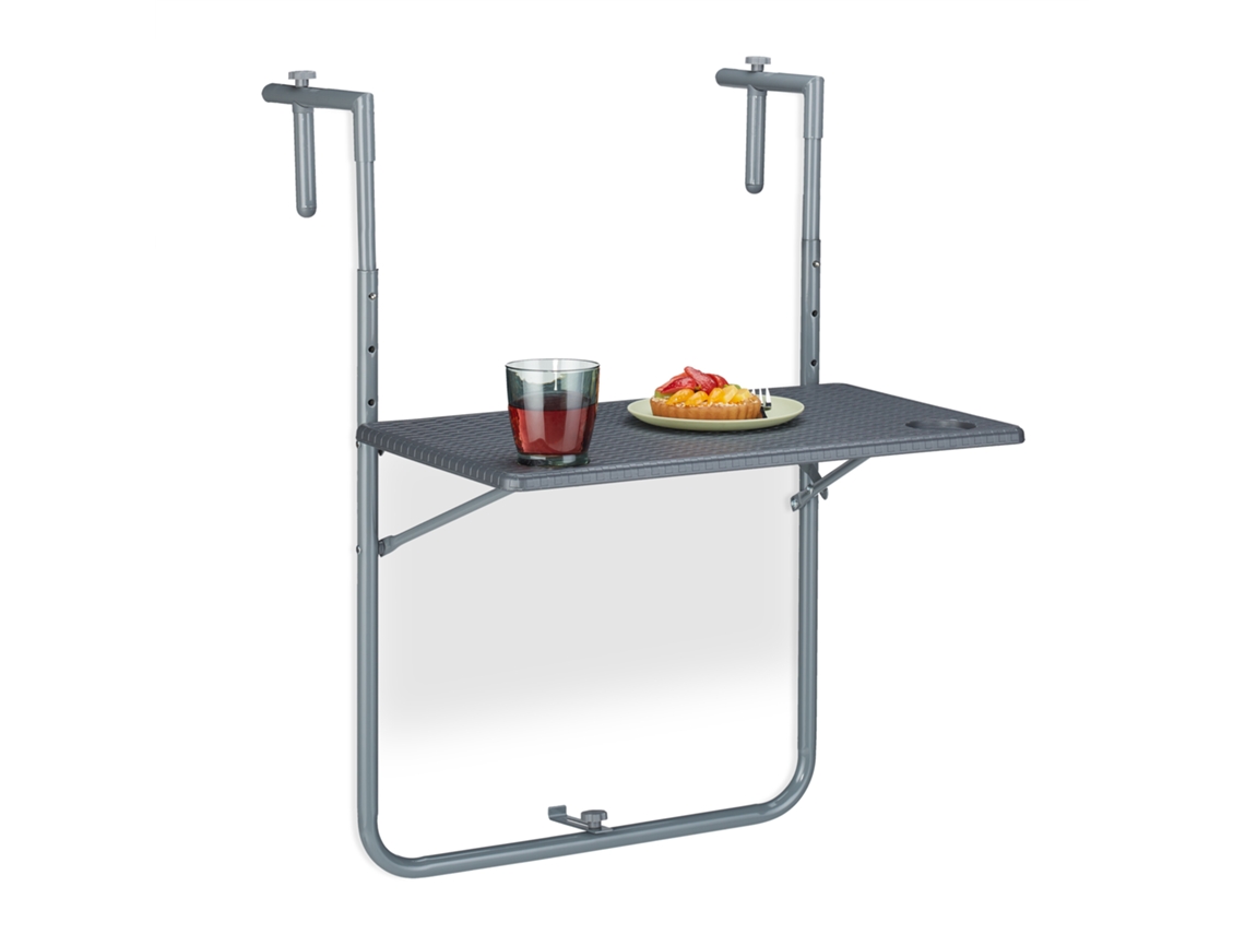 Relaxdays Mesa Plegable Balcón, 3 Alturas, 59,5x60 Cm, Mesita Colgante Con 2 Posavasos, Mueble Exterior Barandilla, Gris