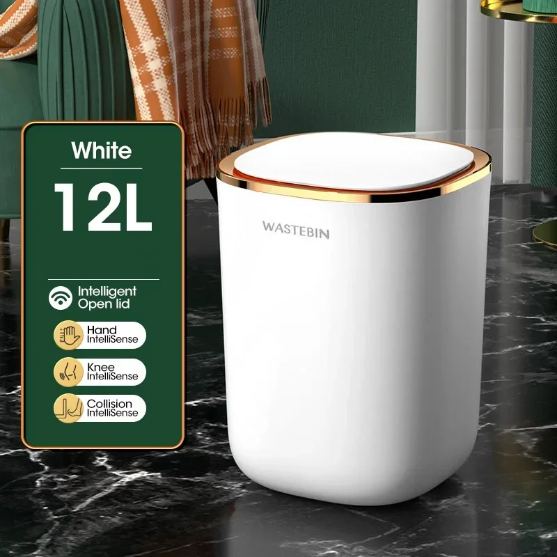 (batería Blanca De 12 L) Basurero Automático Con Sensor Inteligente Para Baño, De Lujo