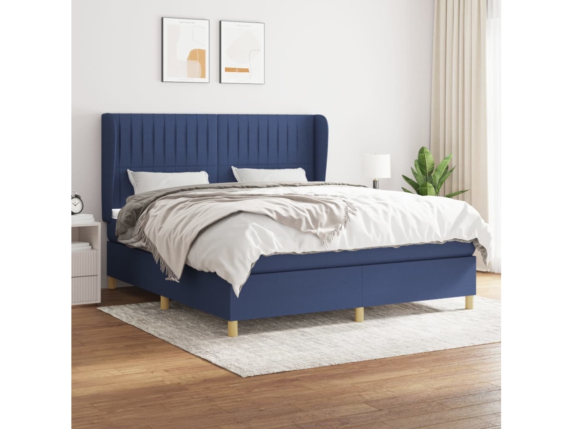Cama Box Spring Con Colchón Tela Azul 160x200 Cm
