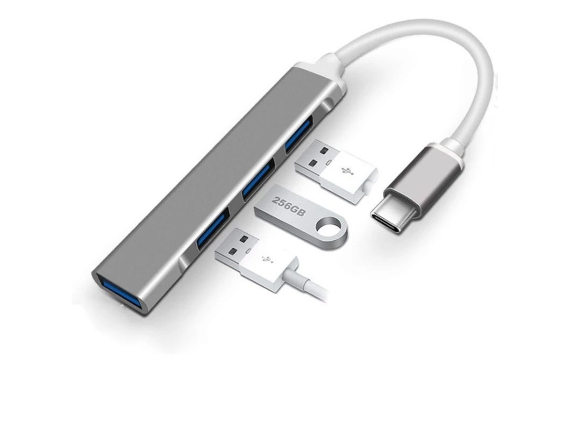 Mini Concentrador Usb-c 4 En 1 - Adaptador Usb-c A Usb - Multipuerto Para Macbook, Xps Y Más - Gris