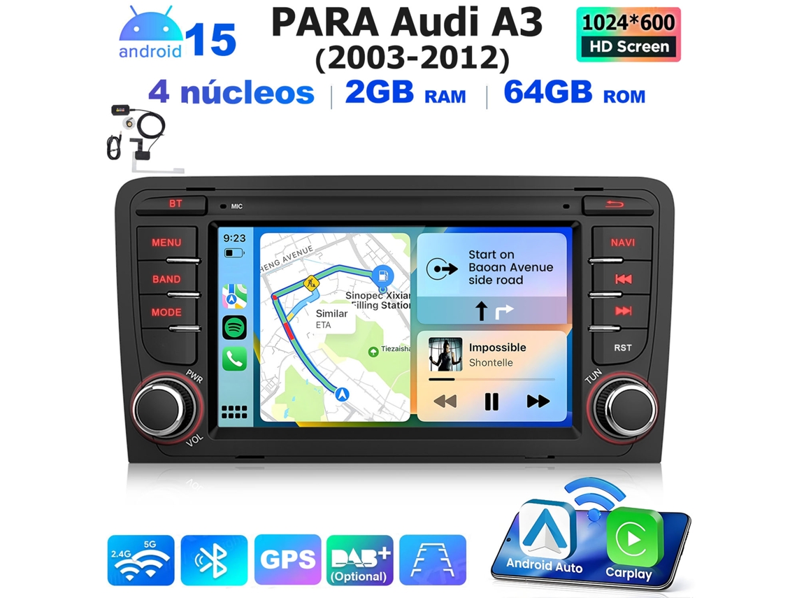 Radio Para Coche Android 15 De 7 Pulgadas Para Audi A3 (2003–2012) — 2 Gb + 64 Gb, Wi-fi, Carplay Inalámbrico, Dab+, Procesador De Cuatro Núcleos