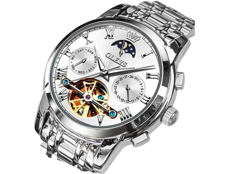 VEANXIN Reloj mecánico automático para Hombre Fase Lunar Hueco Acero Inoxidable 3AT Luminoso Reloj Impermeable para Hombre(blanco)