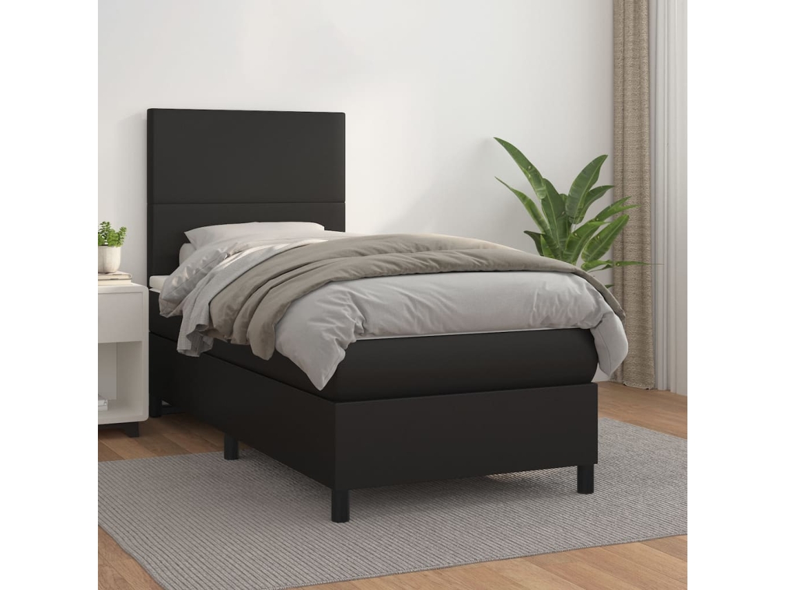 Cama Box Spring Con Colchón Cuero Sintético Negro 90x190 Cm