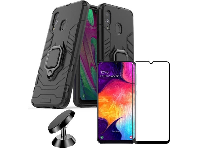 Kit Carcasa, Protector de Cristal 5D y Soporte Magnetico Auto Samsung Galaxy A40 Military Defender Negro