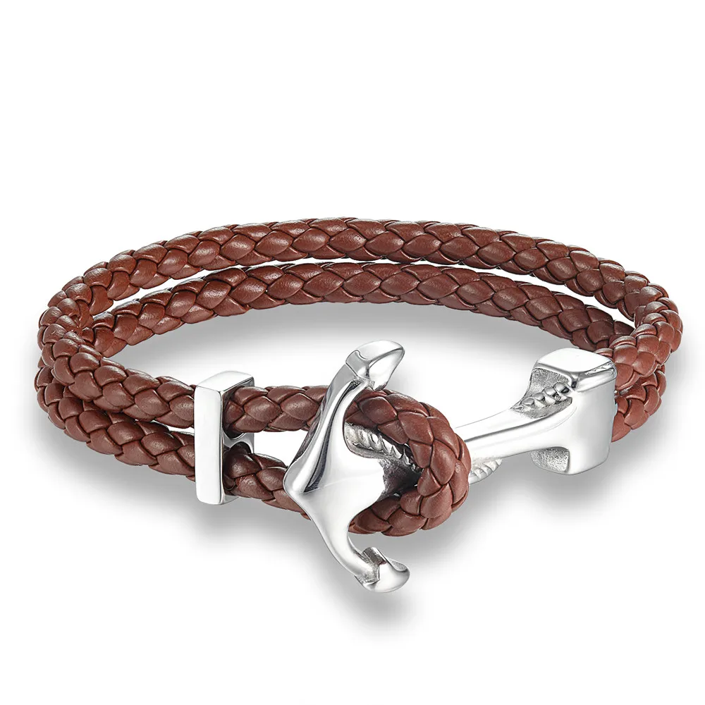Pulsera New Hope de cuero genuino con colgante de acero inoxidable y ancla. MDUG (color plata, 23 cm)