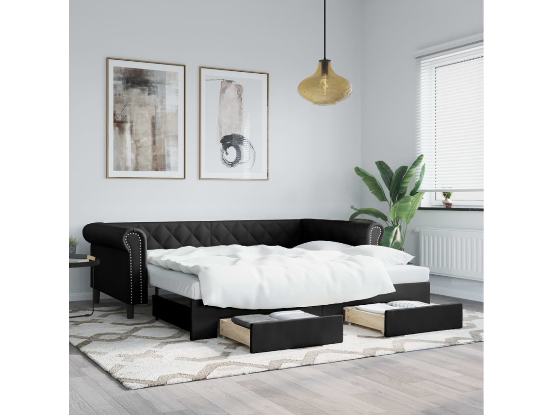Sofá Cama Nido Con Cajones Cuero Sintético Negro 90x200 Cm