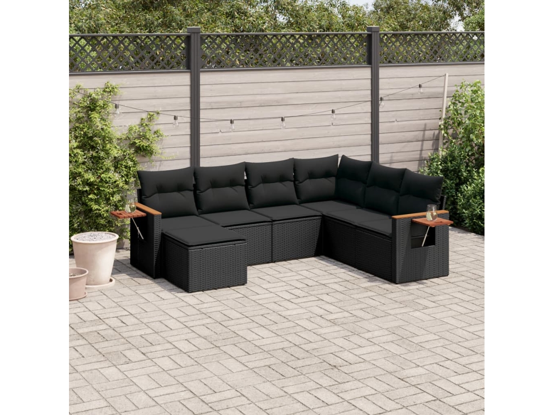 Conjunto de sofá de jardín de 7 piezas con cojines de mimbre negro de DKD Home Decor
