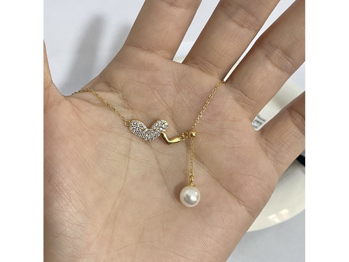 (oro) Mi Corazón Sigue Siendo El Mismo~ Collar Con Colgante De Perla De Plata 925 Con Cadena En Forma De Y De Doble Corazón, Elegante Y Refinado.