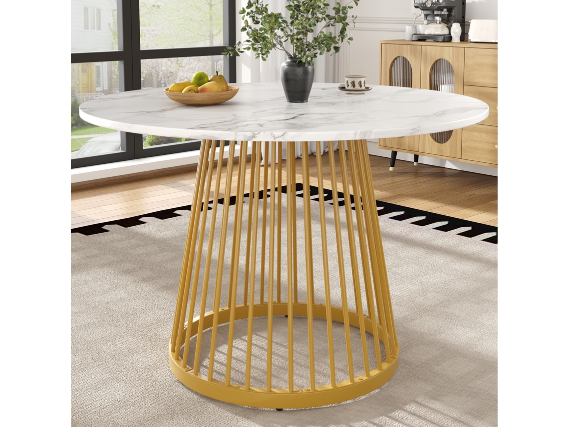 Mesa Redonda 80x80x76 Cm - Mesa De Cocina, Mesa De Café Para 4 Personas, Con Patas De Metal Y Tablero Mdf Marmoleado - Dorada