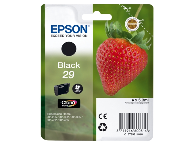 Cartucho de tinta original EPSON, 29, Fresa 5,3 ml , Negro, Estándar, C13T29814012, T2981