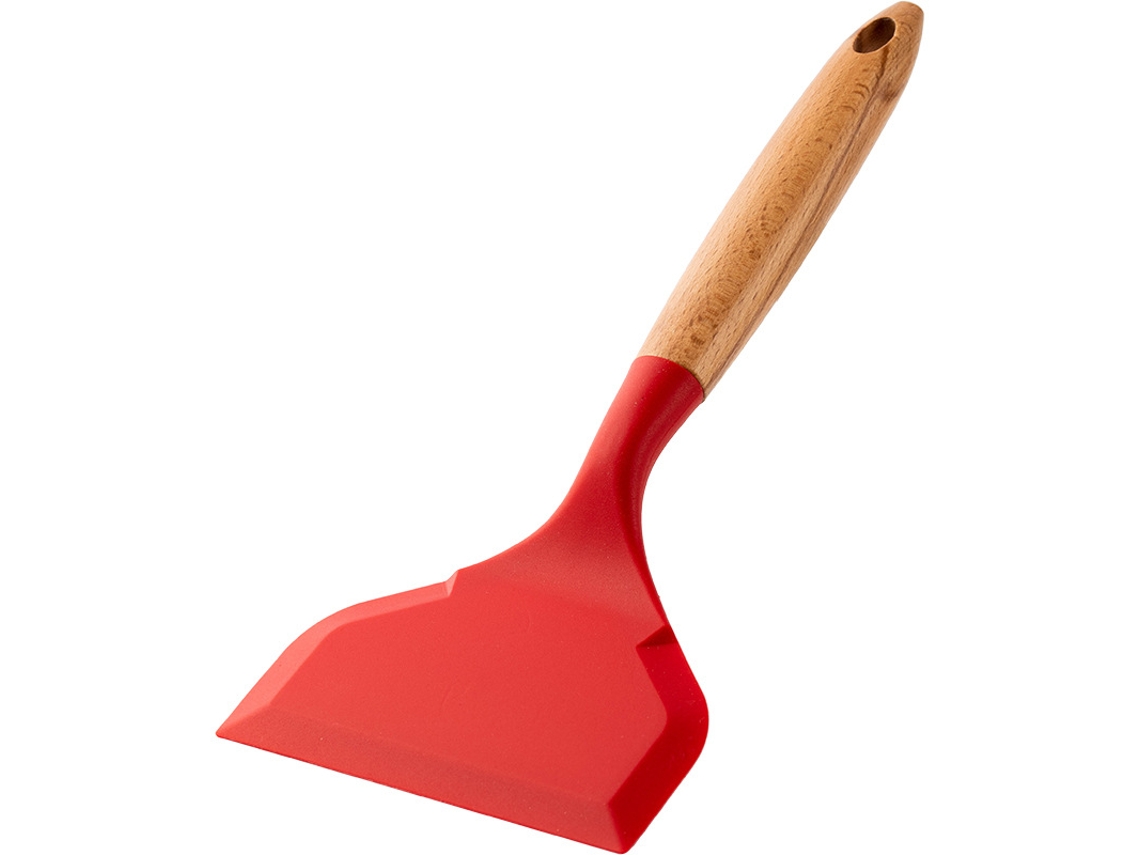 (rojo) Cuchara De Cocina De Silicona Y Madera De Aro Bajo, Espátula De Acero Antiadherente, Espátula Para Freír
