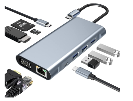 Adaptador Usb C BISBISOUS 2110C 10 En 1 Con 4K-Hdmi Vga Usb 3.0 Puerto Usb C 100W Pd Ethernet Rj45 Lector Tarjetas Sd/Tf Gris