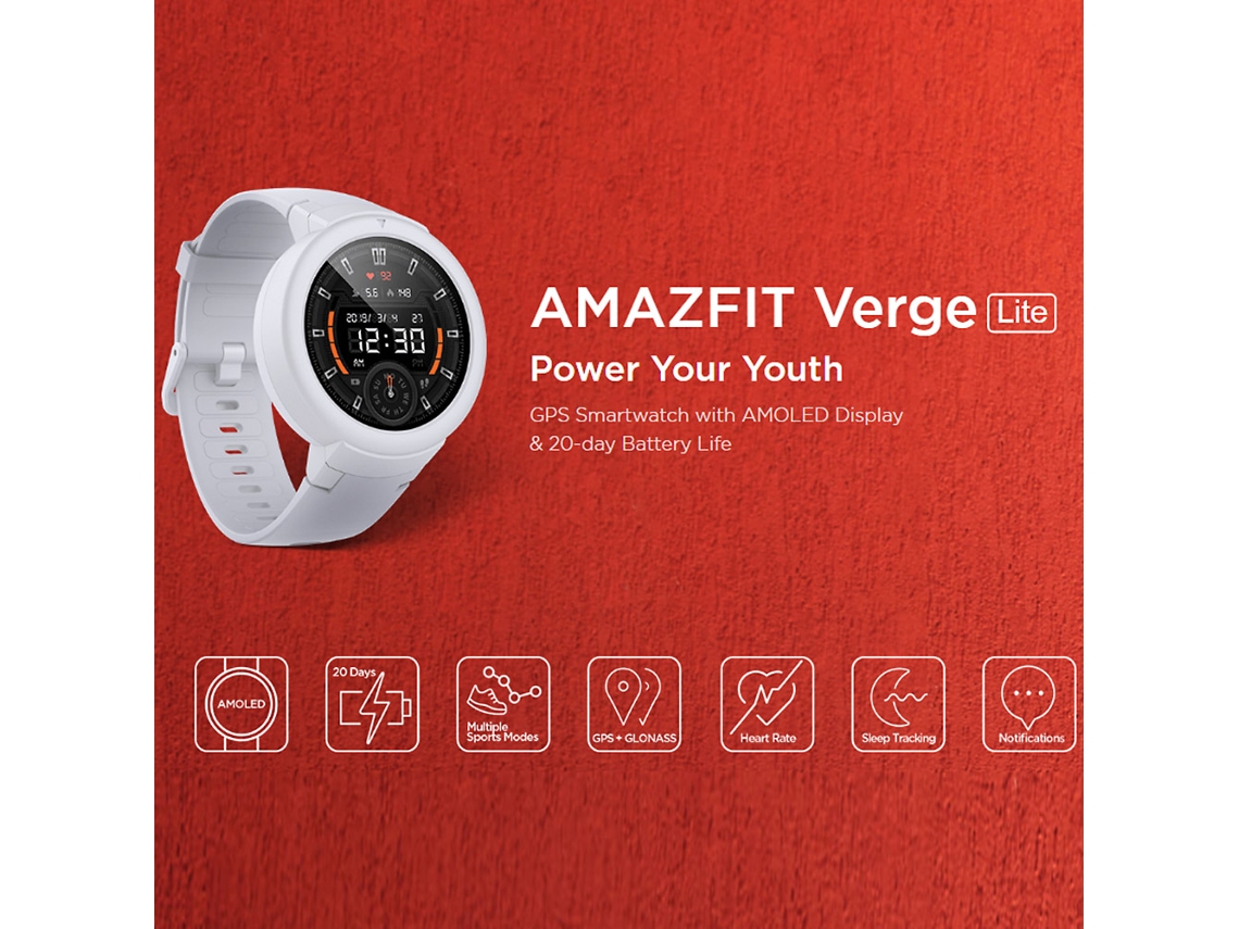 Reloj inteligente Amazfit Verge Lite Global 1.3 AMOLED con GPS, batería de 20 días y luz dorada.