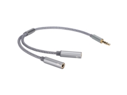 Cabo extensor para fones de ouvido com 4 polos, conector macho dourado para duas entradas femininas e divisor de 3,5 mm.