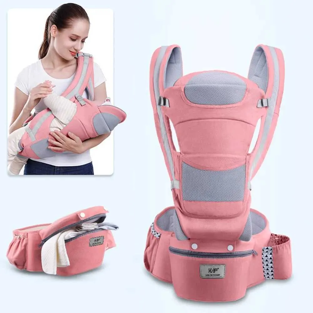 Portabebés con asiento de cadera y correa delantera, bolsa de pañales multifuncional para salidas de Digitallab (rosa Sakura)