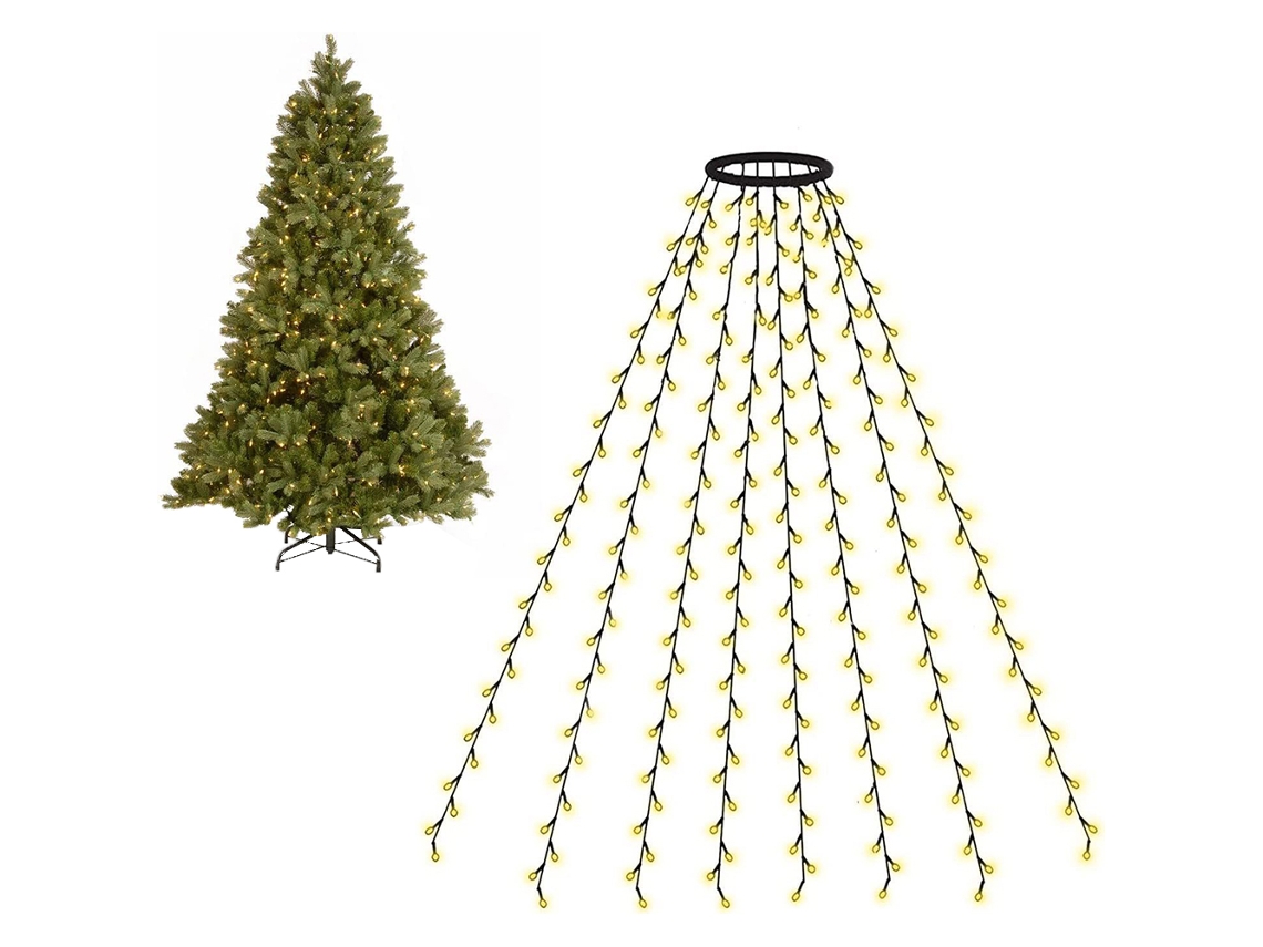 Guirnalda de luces LED solares para exteriores, cascada de 1,5 m, 200 LED con estrella para árbol de Navidad, impermeable, decoración de jardín y boda.