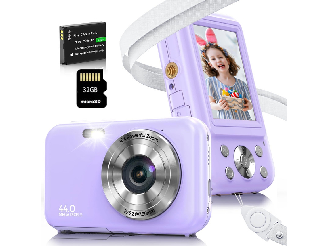 Câmera Digital para Crianças Compact SZSMART  Dc406 Fdh 44Mp Zoom com Foco Automático 16X Tela de 2 4 Polegadas + 32G- Roxo