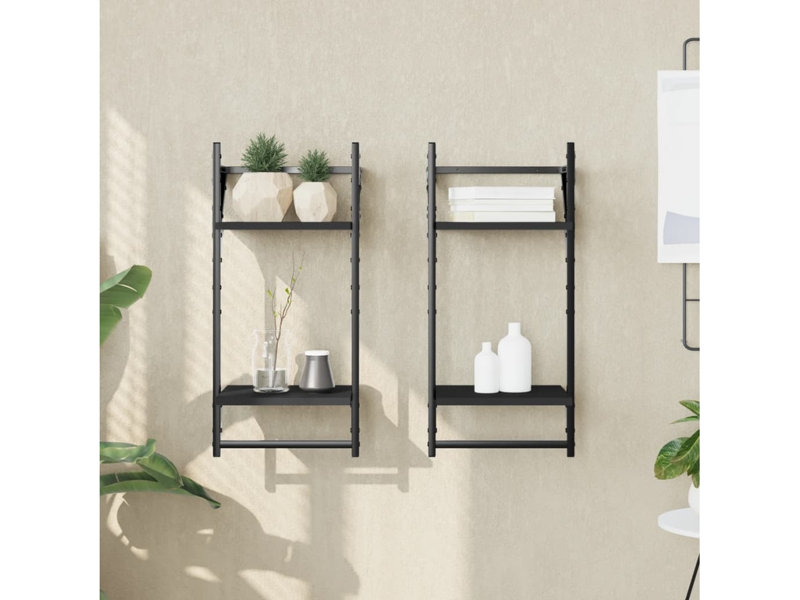 Estantes De Pared | Estante Flotante | Estantería Pared 2 Niveles Con Barras 2 Uds Negro 30x25x65 Cm