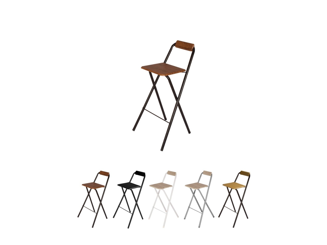 Taburete Plegable Alto De Metal Extra Grueso Con Reposapies Para Cocinas Y Bar | Silla Con Respaldo Resistente Negra / Nogal Pack 4 Uds