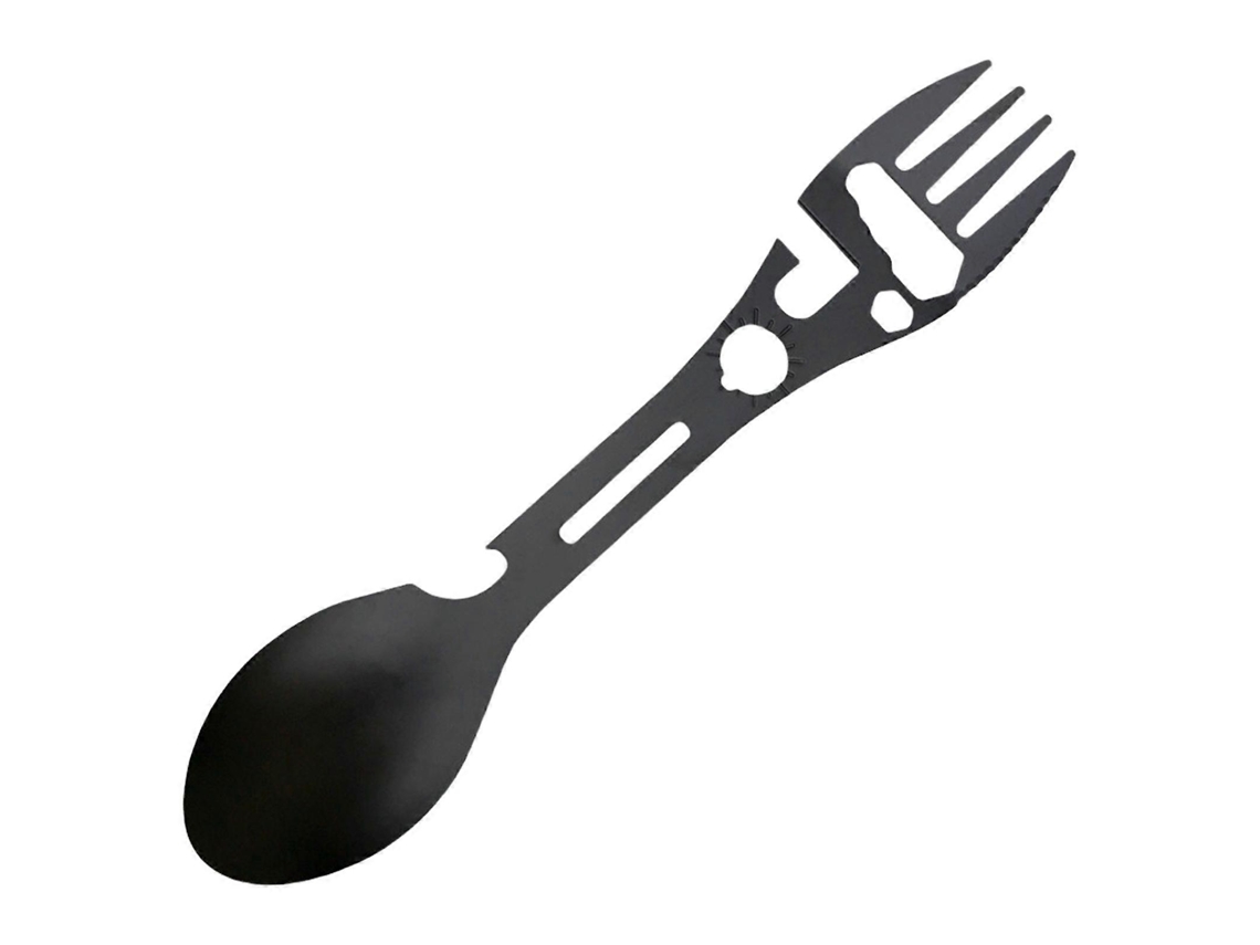 Cuchara táctica de supervivencia para acampar al aire libre. Resistente y duradera, ideal para actividades al aire libre. Color negro.