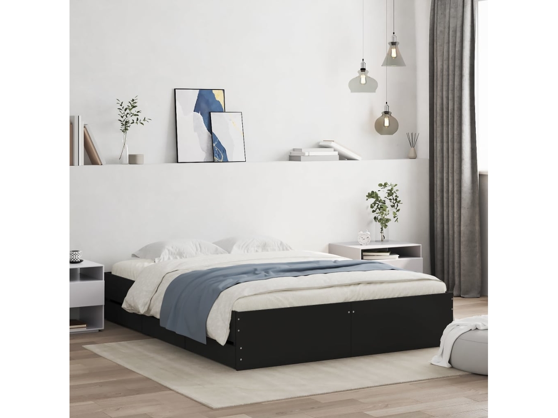 Cama Con Cajones Madera De Ingeniería Negro 140x200 Cm
