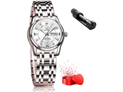 Reloj mecánico automático de lujo para mujer con fase lunar de diamantes resistente al agua esfera blanca plateada