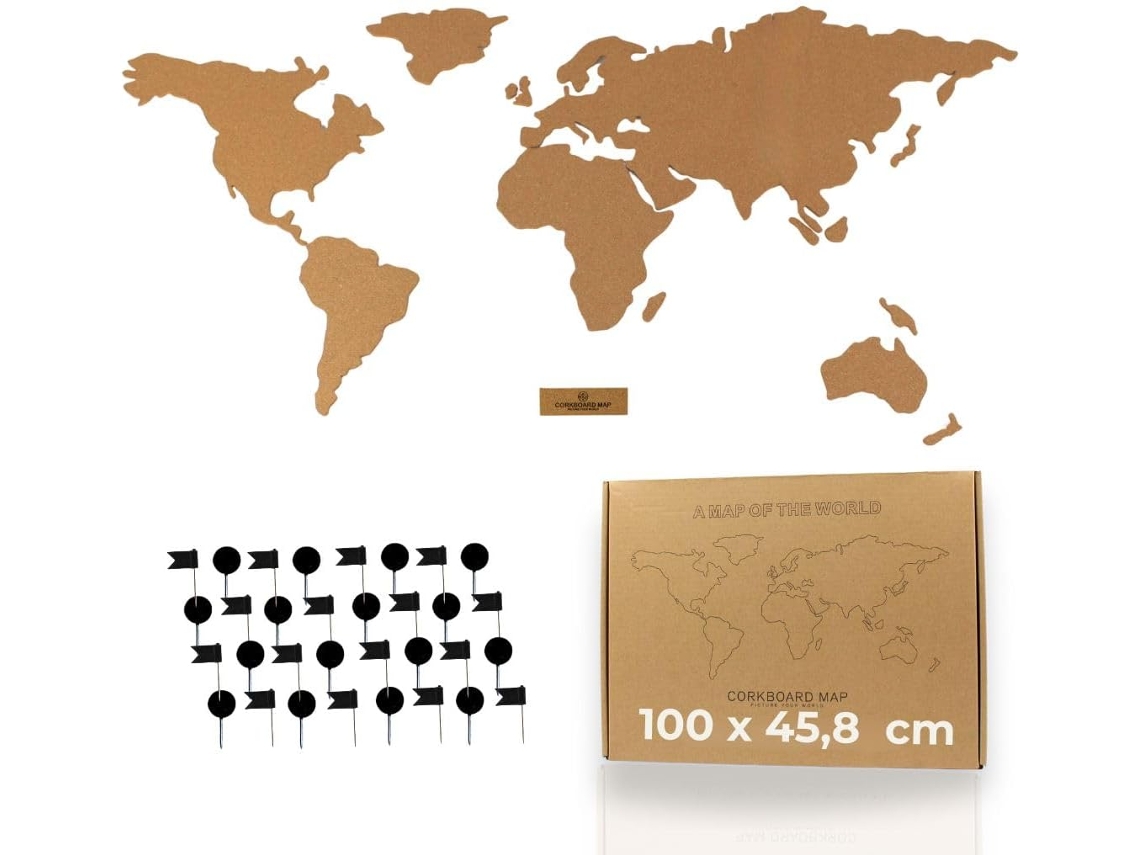 Tripvea - Mapa Mundi De Corcho | Cuadro Mapa Del Mundo Para Pared 100x46 Cm – Mapa Viajero Con 50 Chinchetas, Estilo Vintage Para Marcar Viajes Realiz