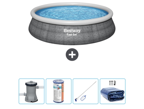 Piscina hinchable redonda Fast Set BESTWAY - Estampado ratán - 457 x 84 cm - Bomba incluida Filtrar - kit de limpieza - Vela solar