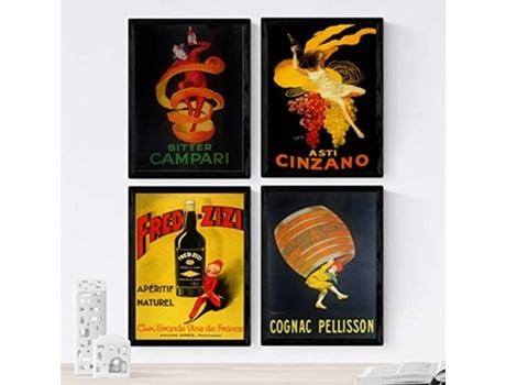 Posters Vintage. Posters Con Anuncios Antiguos. Cuatro Carteles Vintage De Bebidas Alcohólicas. Campari, Cinzano, Cognac. Sin Marco