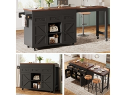 Isla De Cocina Extensible De 131,5 A 210 Cm Con Cajones Giratorios De 360° Y Armarios Negros.